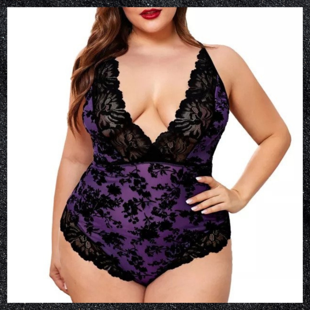 Purple & Black Velvet Floral Lace Bodysuit